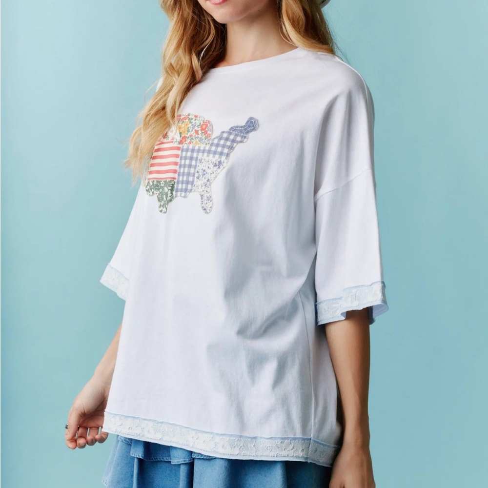Peach Love USA Land of the Free America Oversized Patchwork Quilted Tee - Picture 5 of 12